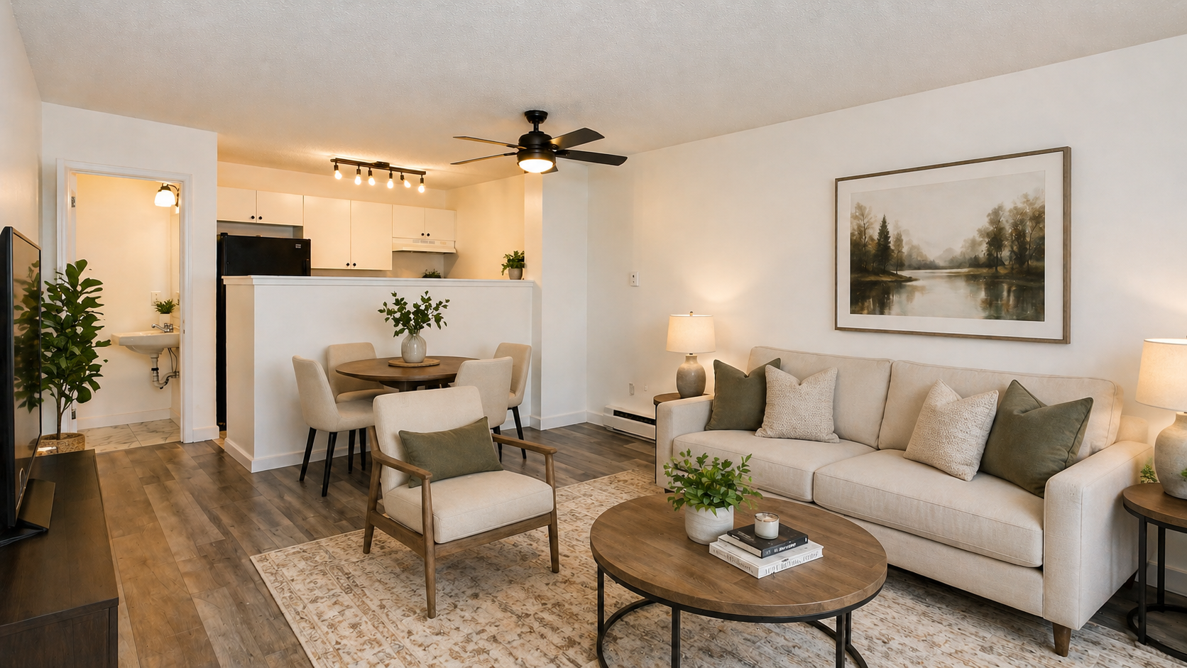 Staged living and dining area with open kitchen